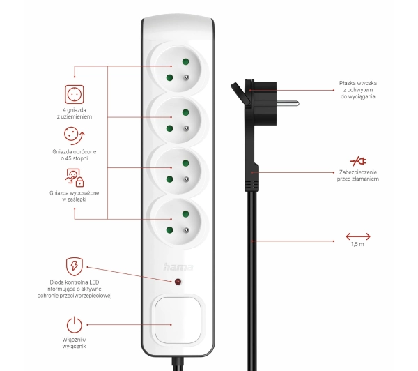 Hama P2223761 Premium 4 gniazda 1,5m Czarny