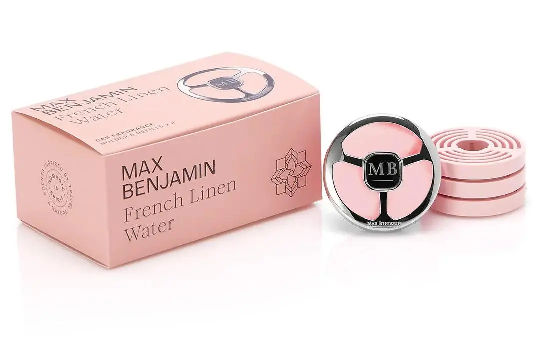 Odświeżacz samochodowy Max Benjamin Uchwyt i 4 wkłady RB-CFGB02 French Linen Water Subtelny zapach kwiatowy