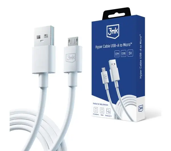 3mk Hyper USB-A do microUSB 1,2m 5V 2,4A Biały