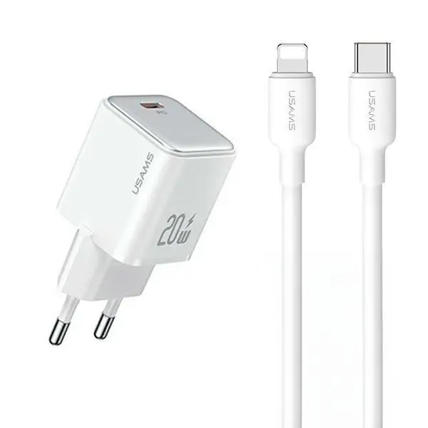 Ładowarka sieciowa USAMS YXXLOGTC03 1x USB-C PD3.0 Fast Charging + kabel USB-C/Lightning Biały