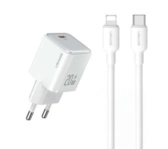 Ładowarka sieciowa USAMS YXXLOGTC03 1x USB-C PD3.0 Fast Charging + kabel USB-C/Lightning Biały