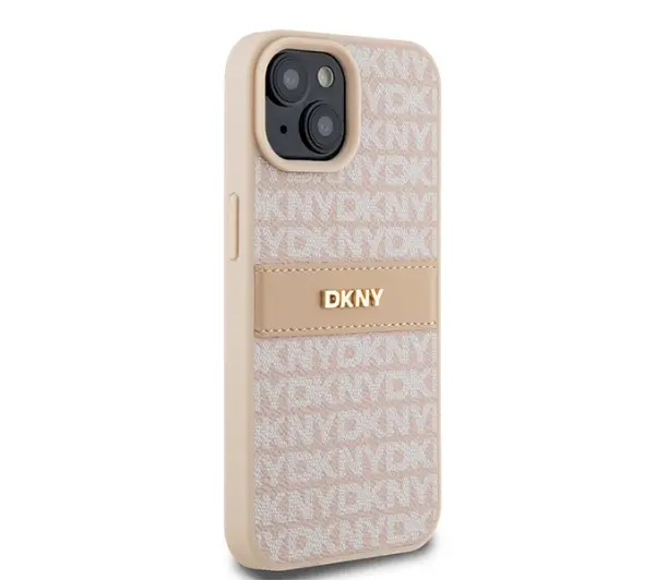 DKNY Hardcase Leather Mono Stripe & Metal Logo do iPhone 15 Plus Różowy