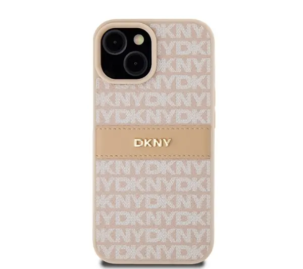 DKNY Hardcase Leather Mono Stripe & Metal Logo do iPhone 15 Plus Różowy