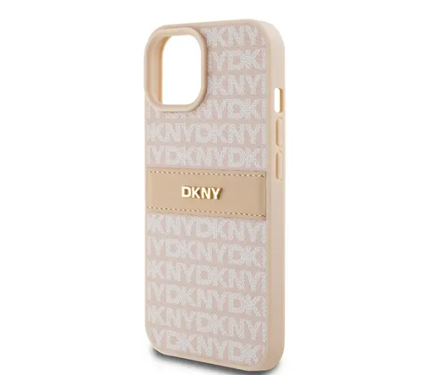 DKNY Hardcase Leather Mono Stripe & Metal Logo do iPhone 15 Plus Różowy
