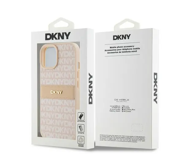 DKNY Hardcase Leather Mono Stripe & Metal Logo do iPhone 15 Plus Różowy