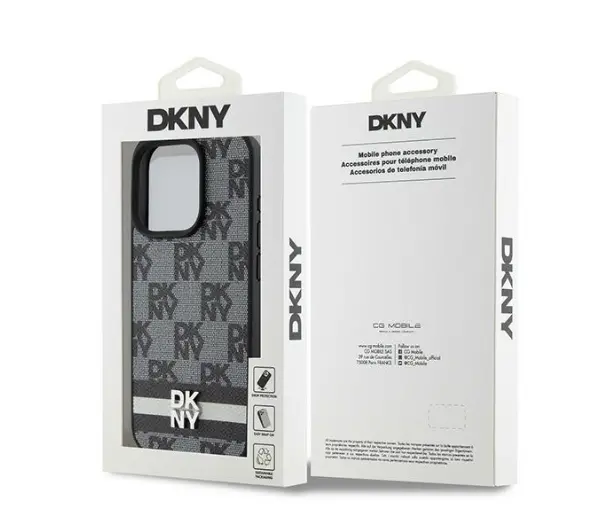 DKNY Leather Checkered Mono Pattern & Printed Stripes do iPhone 15 Pro Max Czarny