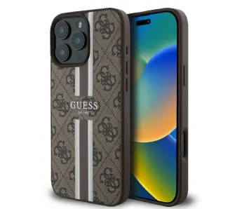 Etui Guess 4G Printed Stripes MagSafe do iPhone 16 Pro Brązowy