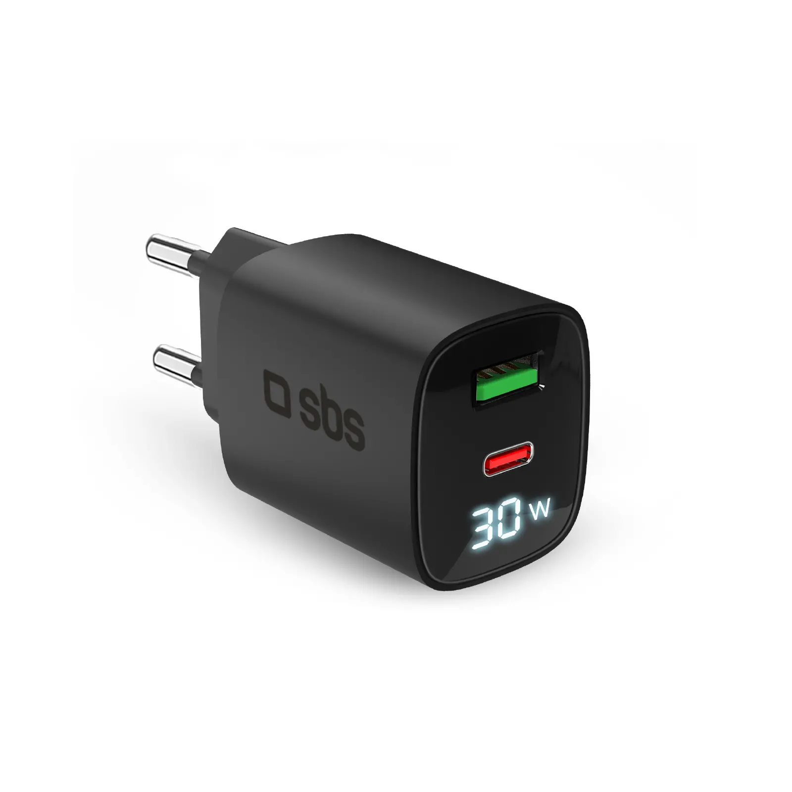 Ładowarka sieciowa SBS LCD GaN PD30W USB-C USB-A Czarny