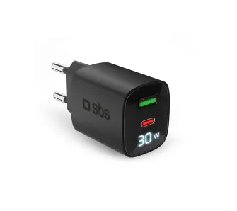 Ładowarka sieciowa SBS LCD GaN PD 30W USB-C USB-A Czarny