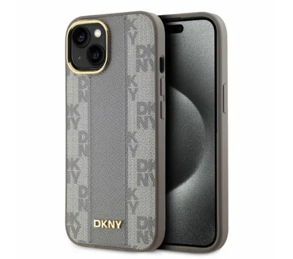 Etui DKNY Leather Checkered Mono Pattern MagSafe do Apple iPhone 15 Beżowy