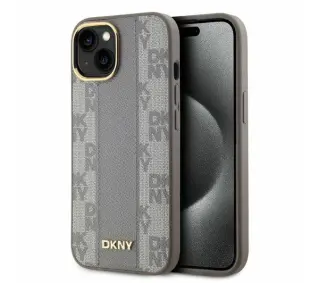 DKNY Leather Checkered Mono Pattern MagSafe do iPhone 15 Beżowy