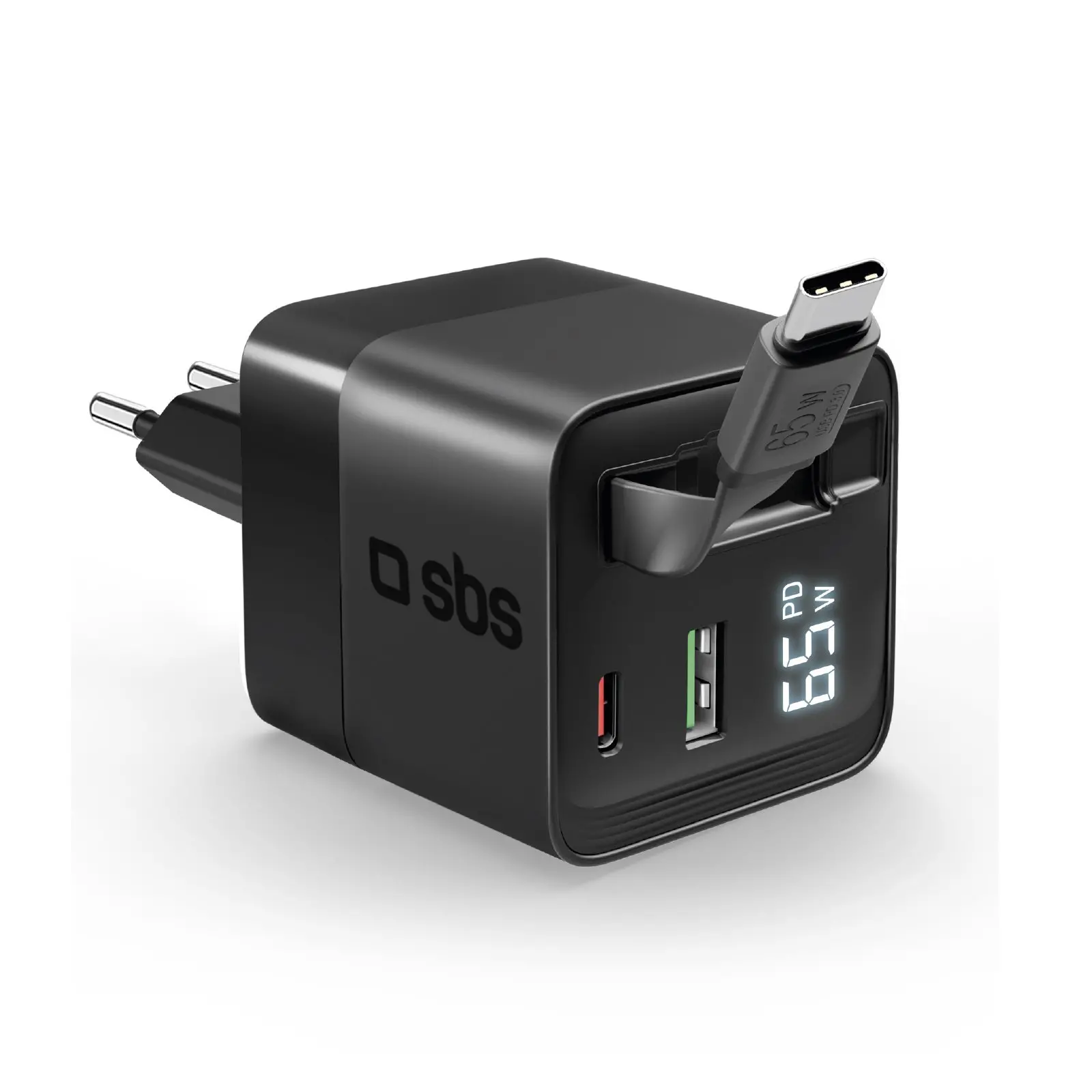 Ładowarka sieciowa SBS LCD GaN PD65W USB-C USB-A z kablem
