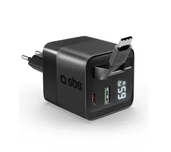 Ładowarka sieciowa SBS LCD GaN PD65W USB-C USB-A z kablem