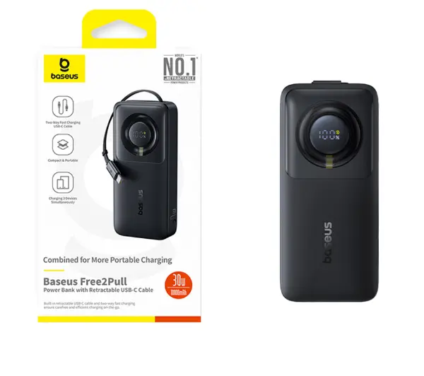 Baseus Free2Pull 10000mAh 30W Wbudowany kabel Czarny