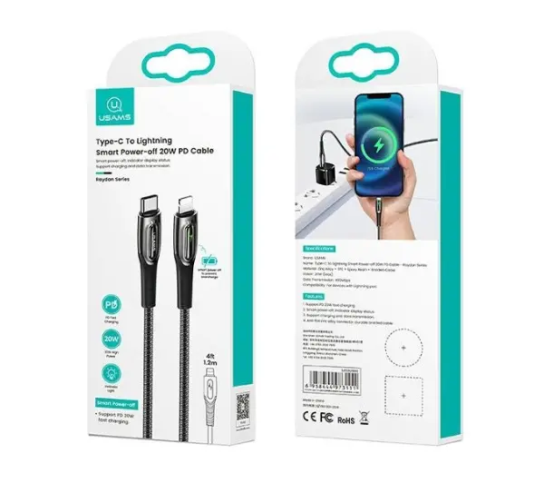 USAMS USB-C do Lightning Smart Power-off 20W PD Cable 1.2m Czarny