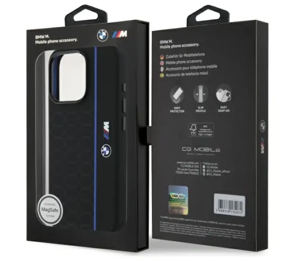 BMW Silicone Hexagon Blue Line MagSafe do iPhone 16 Pro Max Czarny