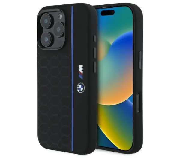 Etui BMW Silicone Hexagon Blue Line MagSafe do Apple iPhone 16 Pro Max Czarny