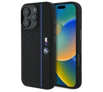 Etui BMW Silicone Hexagon Blue Line MagSafe do iPhone 16 Pro Max Czarny