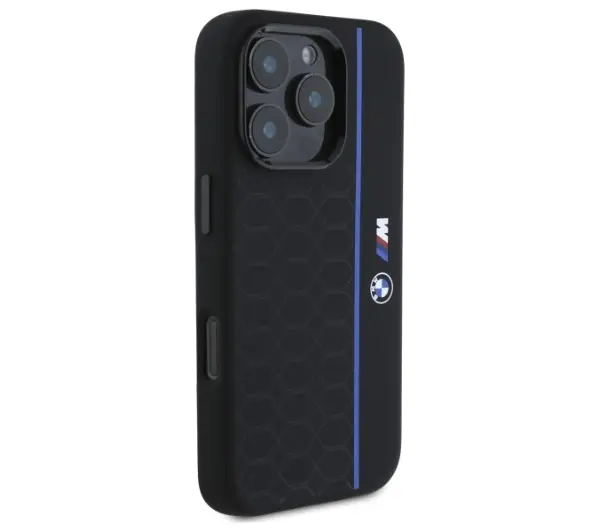 BMW Silicone Hexagon Blue Line MagSafe do iPhone 16 Pro Max Czarny