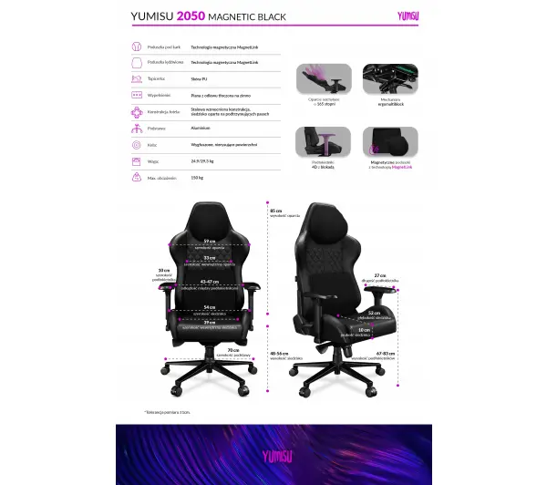 Yumisu 2050 Magnetic Biurowy do 150kg Skóra ECO Czarny - Kup na Raty - RRSO 0%
