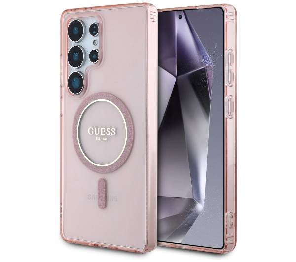 Guess Glitter Circle Classic Logo MagSafe do Galaxy S25 Ultra Różowy