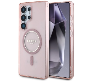 Guess Glitter Circle Classic Logo MagSafe do Galaxy S25 Ultra Różowy