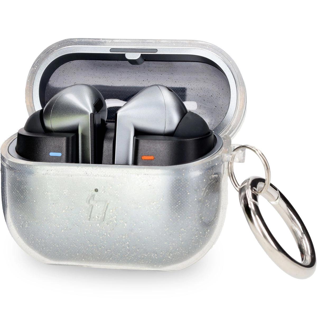 Etui na słuchawki Bizon Elastyczne z karabińczykiem do Samsung Galaxy Buds 3/3 Pro Przezroczysto-brokatowy