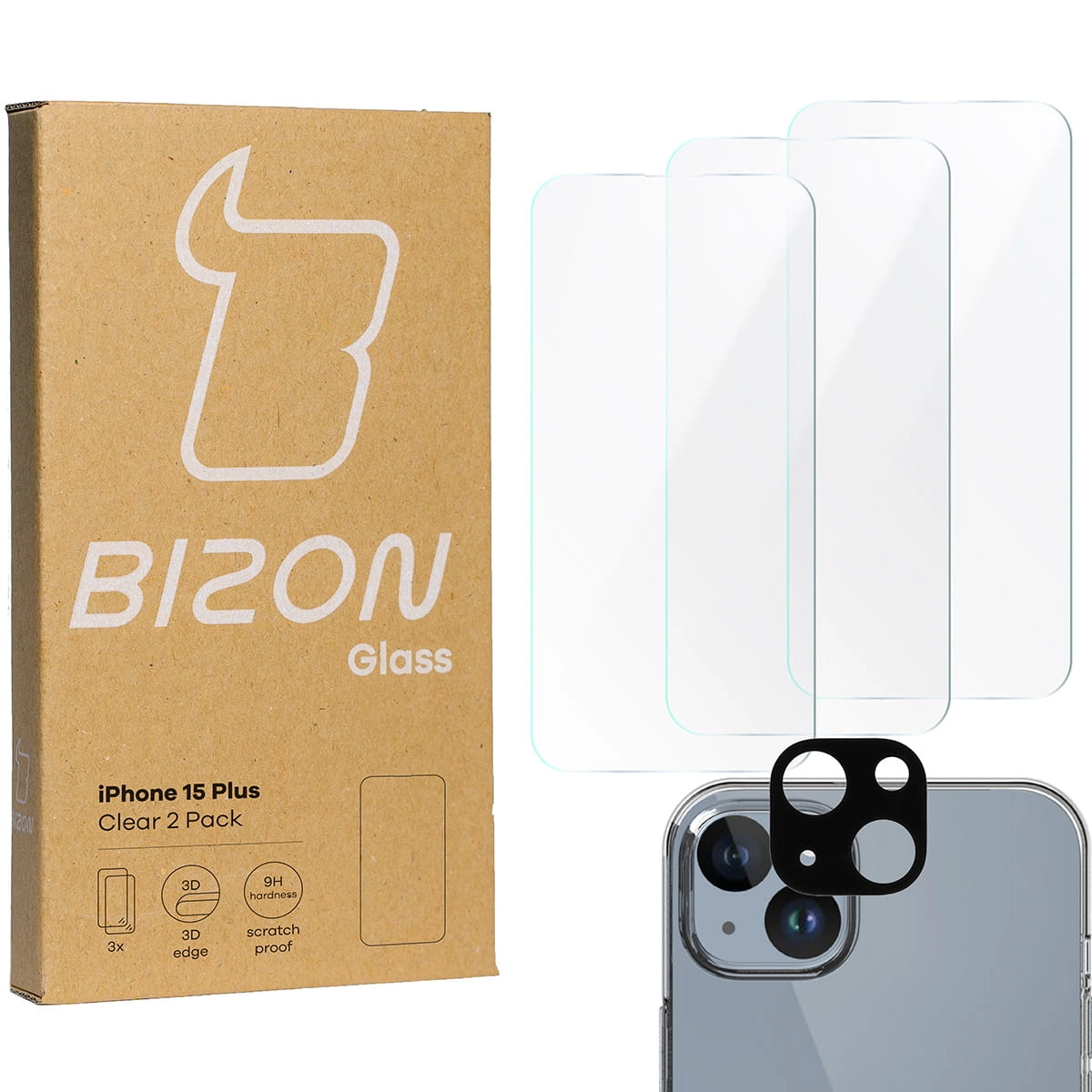 Zestaw ochronny Bizon 3x szkło + szybka na aparat Clear 2 Pack do iPhone 15 Plus