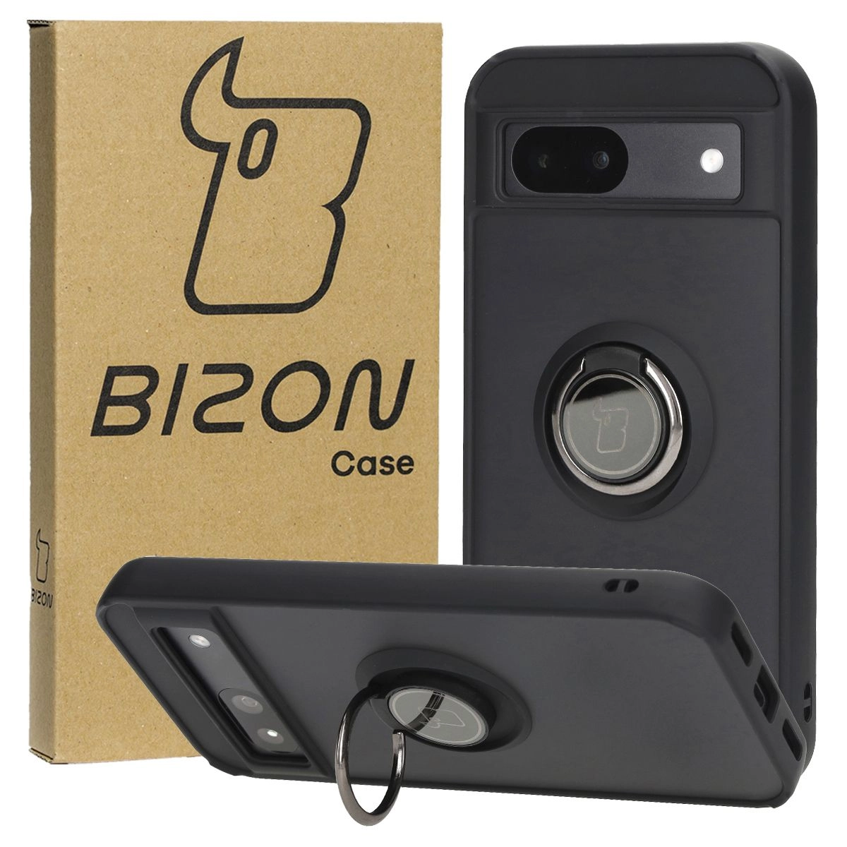Etui Bizon z uchwytem na palec Hybrid Ring do Google Pixel 8a Przydymione z czarną ramką