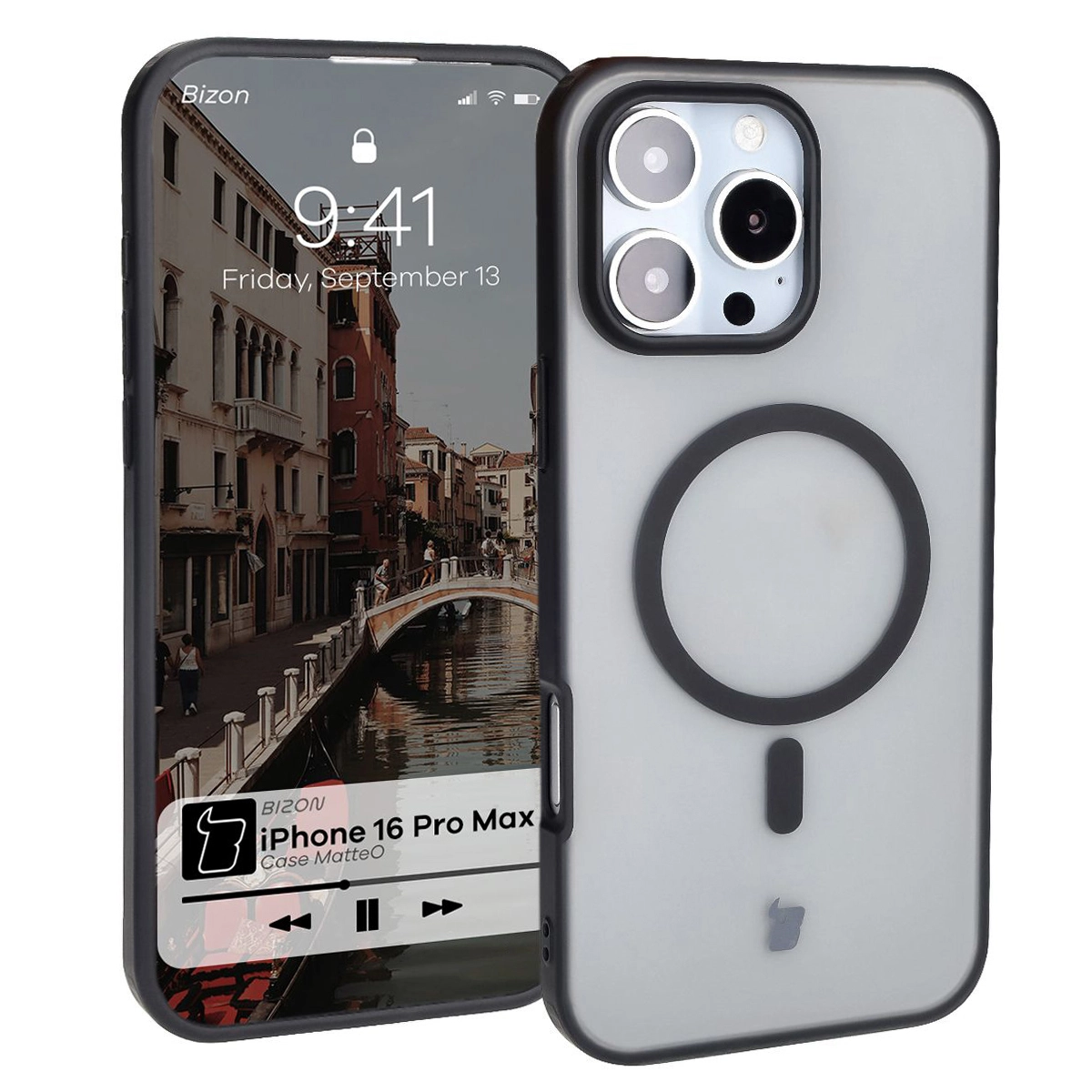 Etui Bizon MatteO z MagSafe do iPhone 16 Pro Max Półprzezroczyste z czarną ramką