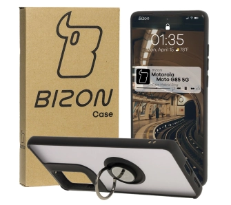 Etui Bizon z uchwytem na palec Hybrid Ring do Motorola Moto G85 5G Przydymione z czarną ramką