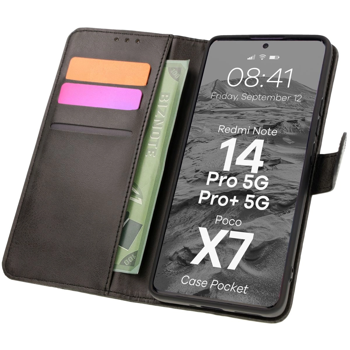 Etui Bizon z klapką Pocket do Xiaomi Redmi Note 14 5G/Poco M7 Pro 5G Czarny