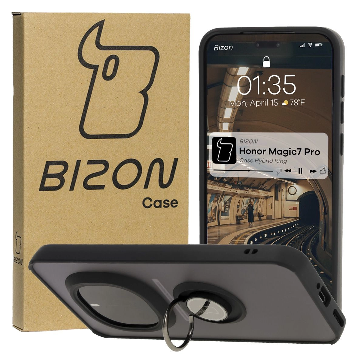 Etui Bizon z uchwytem na palec Hybrid Ring do Honor Magic7 Pro Przydymione z czarną ramką