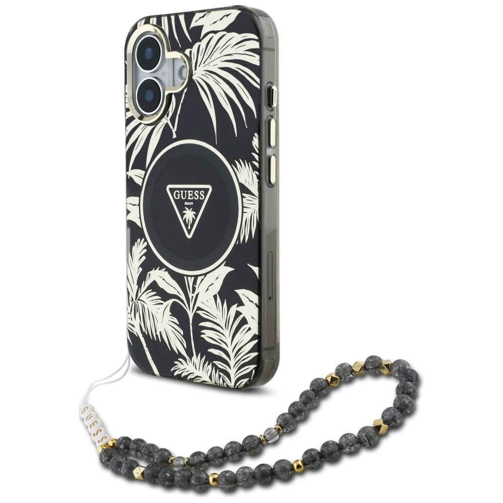 Etui Guess Palm Trees Triangle Pearl Strap MagSafe do iPhone 16 Czarny