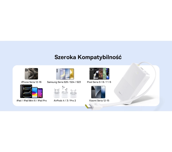 Baseus EnerFill FC51 Bipow2 Pro 20000mAh 22.5W Cyfrowy wyświetlacz, Wbudowany kabel USB-C Biały - ⚡ BESTSELLERY ⚡