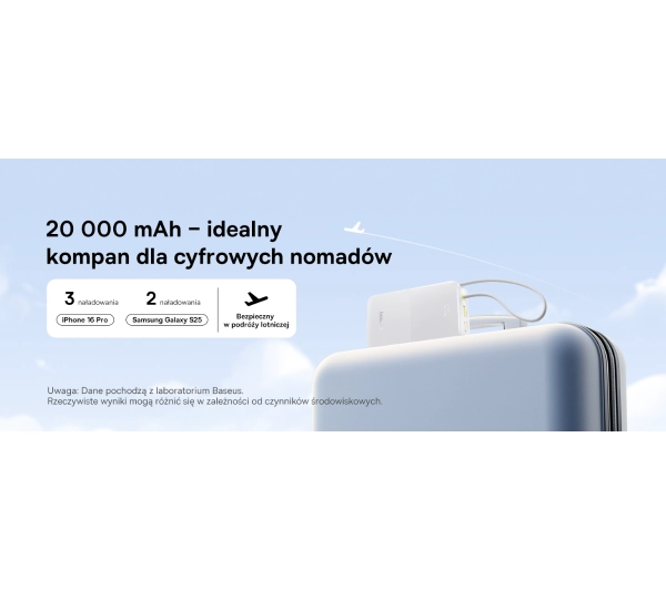 Baseus EnerFill FC51 Bipow2 Pro 20000mAh 22.5W Cyfrowy wyświetlacz, Wbudowany kabel USB-C Biały - ⚡ BESTSELLERY ⚡