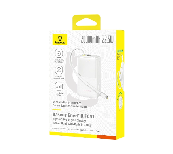 Baseus EnerFill FC51 Bipow2 Pro 20000mAh 22.5W Cyfrowy wyświetlacz, Wbudowany kabel USB-C Biały - ⚡ BESTSELLERY ⚡