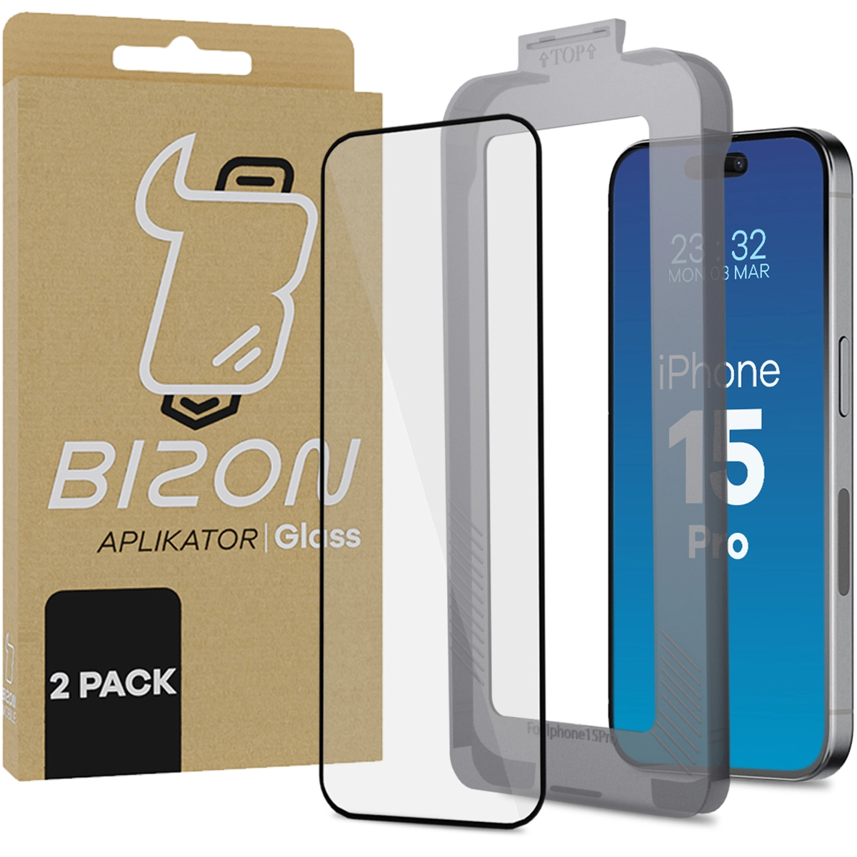 Szkło hartowane Bizon z ramką montażową Bizon Glass Aplikator do iPhone 15 Pro 2 sztuki