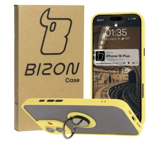 Bizon z uchwytem na palec Hybrid Ring do iPhone 16 Plus przydymione z Żółtą ramką