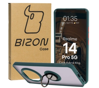 Etui Bizon z uchwytem na palec Hybrid Ring do Realme 14 Pro 5G przydymione z Ciemnozieloną ramką