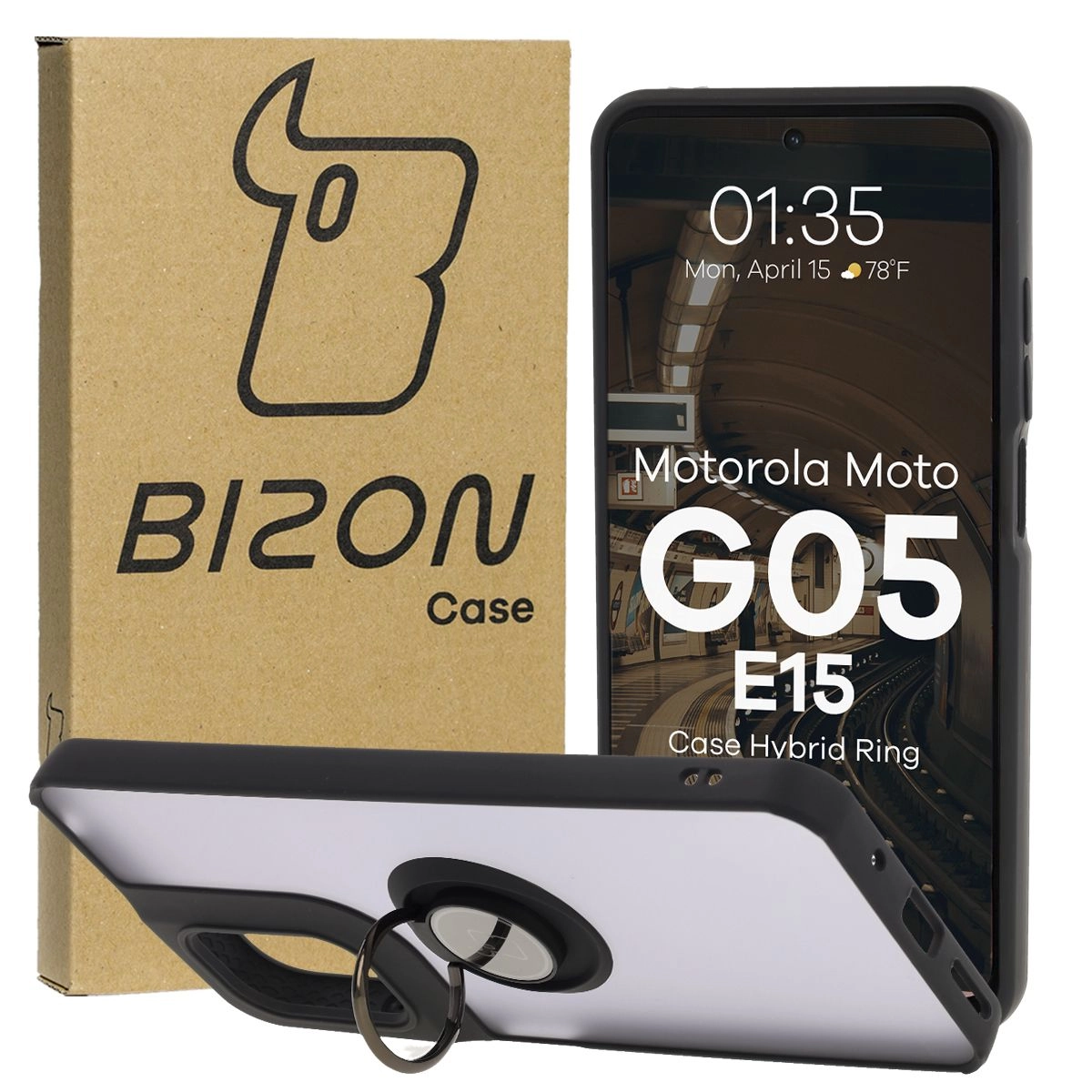 Etui Bizon z uchwytem na palec Hybrid Ring do Motorola Moto G05/E15 przydymione z Czarną ramką