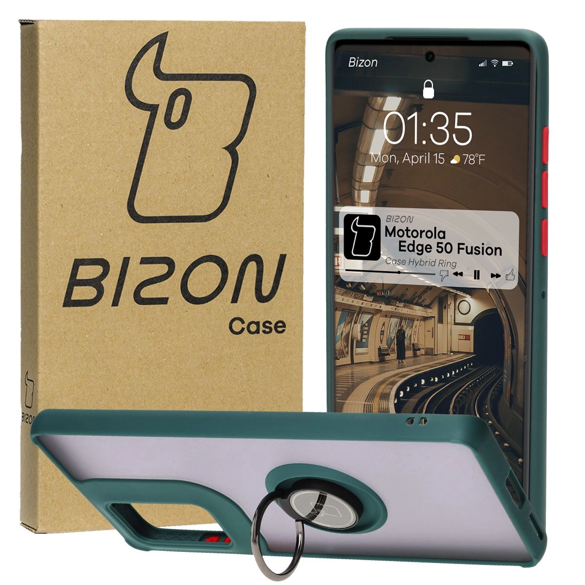 Etui Bizon z uchwytem na palec Hybrid Ring do Motorola Edge 50 Fusion przydymione z Ciemnozieloną ramką