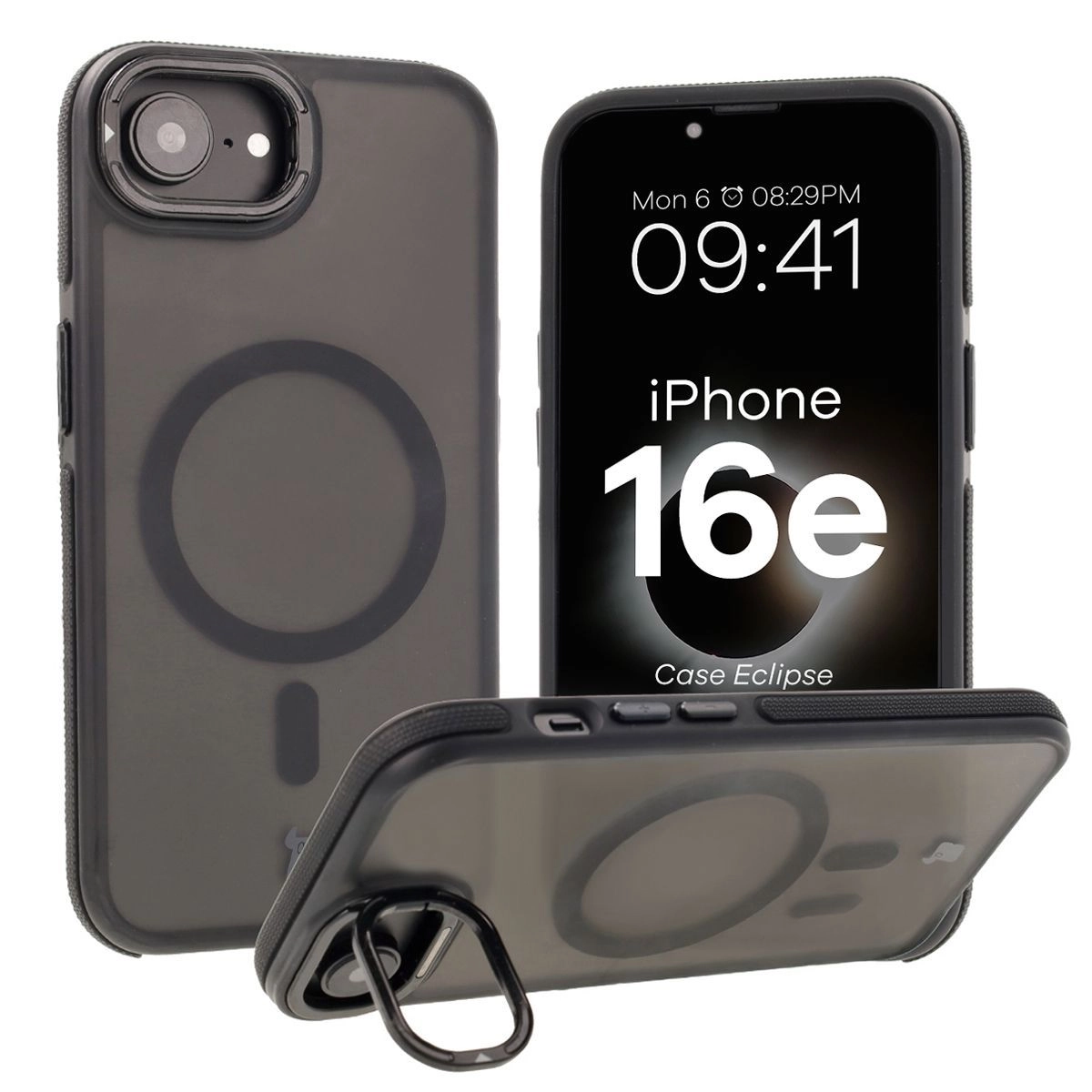 Etui Bizon Eclipse z MagSafe i podstawką do iPhone 16e przydymione z Czarną ramką