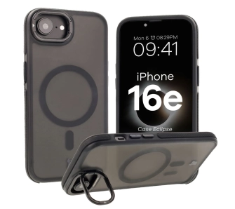 Etui Bizon Eclipse z MagSafe i podstawką do iPhone 16e przydymione z Czarną ramką