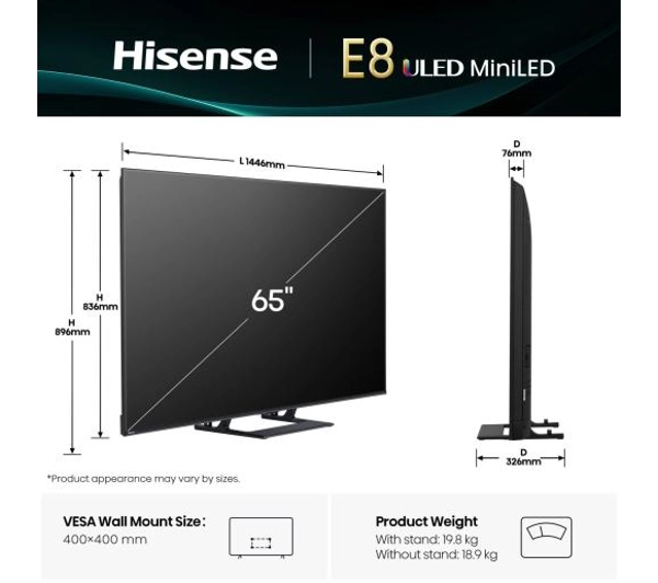 Hisense 65E8Q 65" ULED MiniLED 4K 144Hz Smart TV Funkcje AI Dolby Vision Dolby Atmos HDMI 2.1 DVB-T2 - Kup na Raty - RRSO 0%
