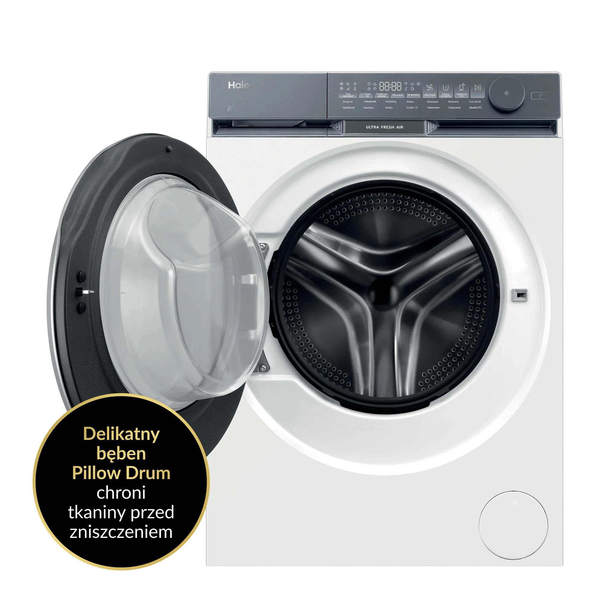 Pralka Haier X9 HW100-B14387U-PL - panel sterowania i szuflada na detergenty