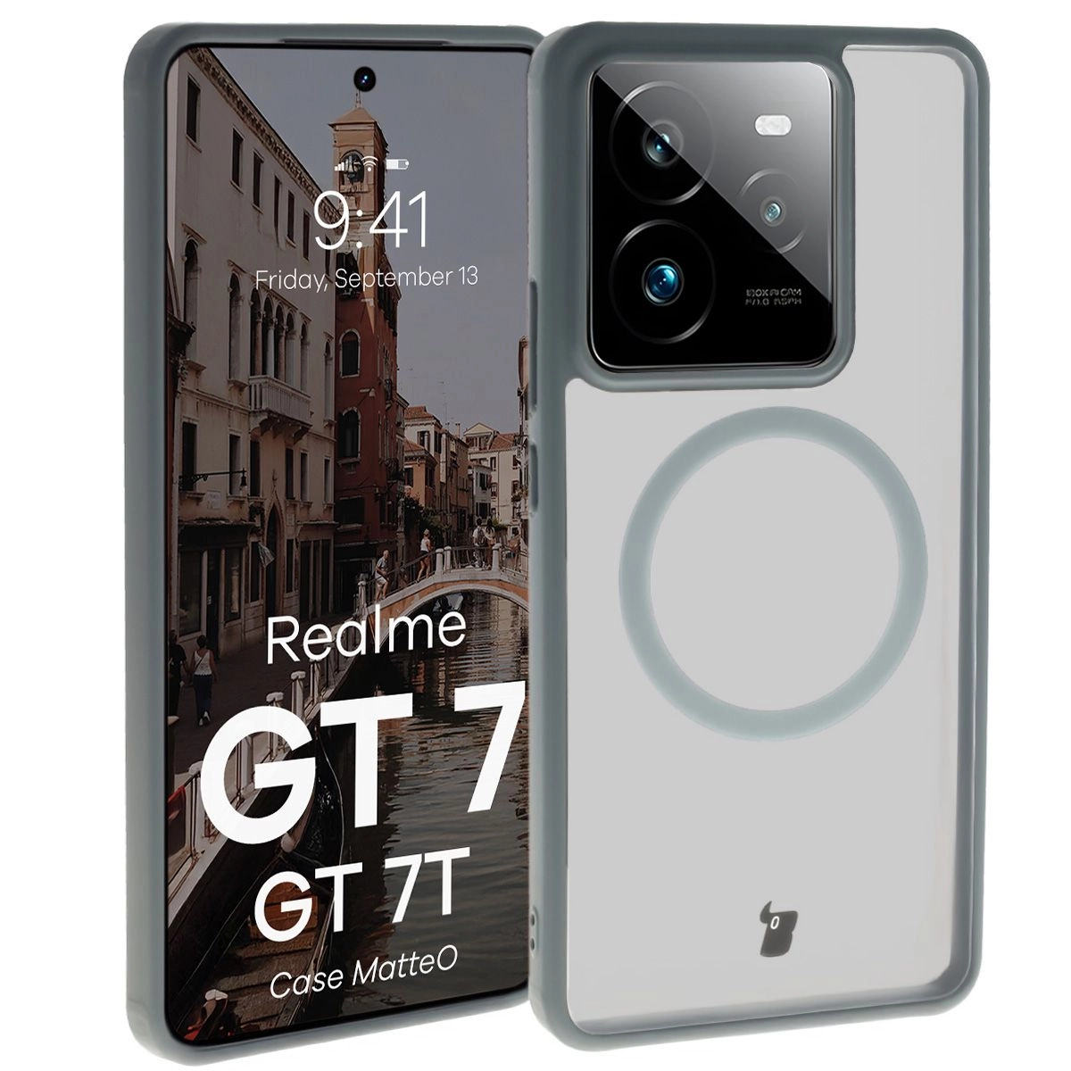 Etui Bizon MatteO z MagSafe do Realme GT 7 / Realme GT 7T Półprzezroczyste z szarą ramką