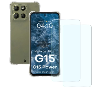 Bizon elastyczne etui Salpa + 2x szkło hartowane Clear Pack do Motorola Moto G15 / Motorola Moto G15 Power