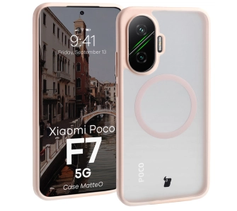 Etui Bizon MatteO z MagSafe do Xiaomi POCO F7 Półprzezroczyste z różową ramką