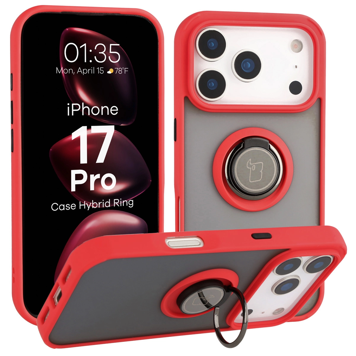 Etui Bizon z uchwytem na palec Hybrid Ring do Apple iPhone 17 Pro Przydymione z Czerwoną ramką